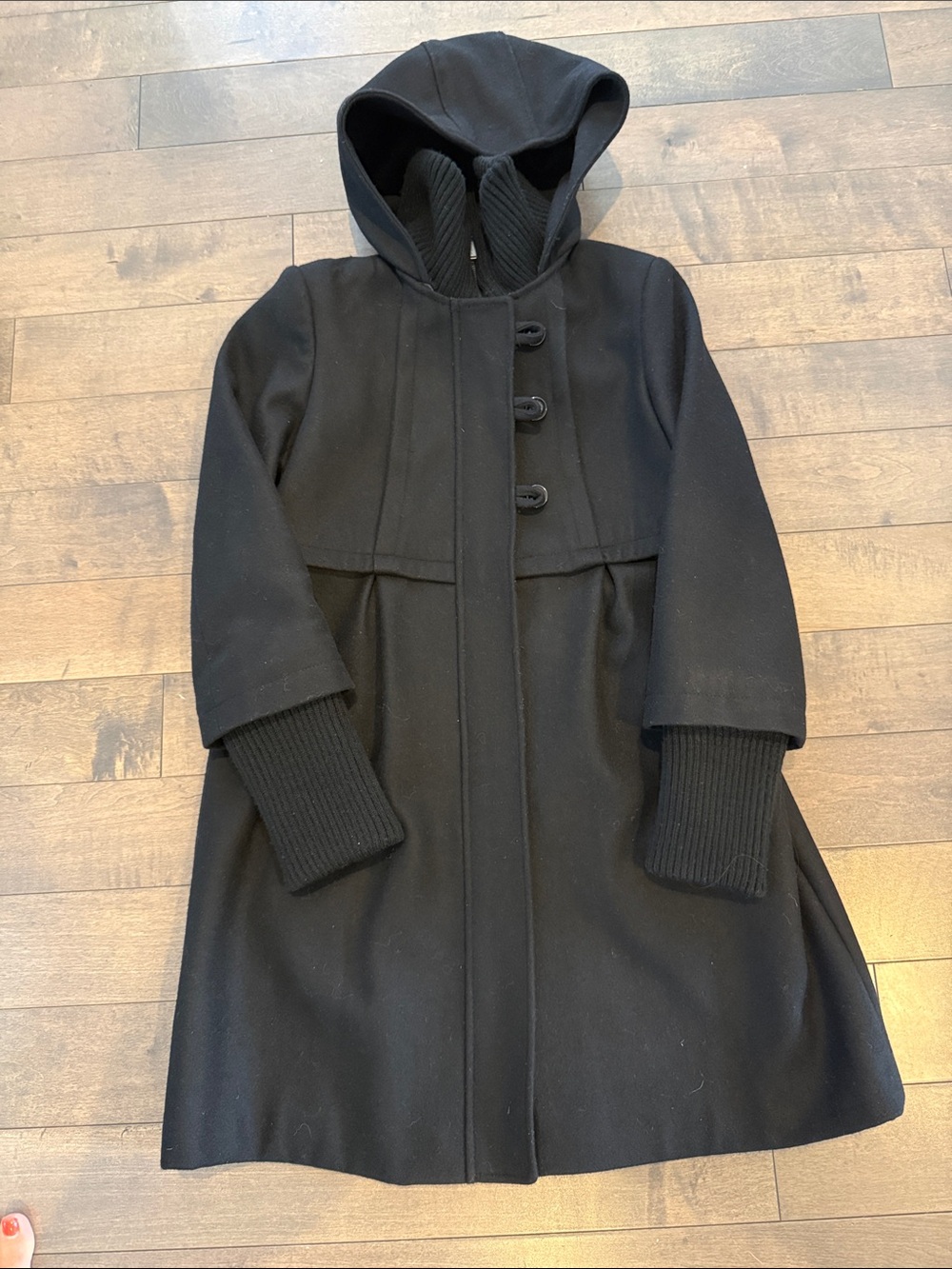 DKNY Women’s Black Hooded Wool Coat with Rib Cuff Detail